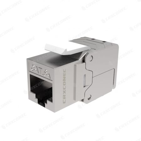 Cat.6A STP 180 Degree Up-Down Cable Holder Toolless RJ45 Keystone Jack - Cat.6A STP 180 Degree Toolless 4PPoE RJ45 Jack with Adjustable Cable Holder